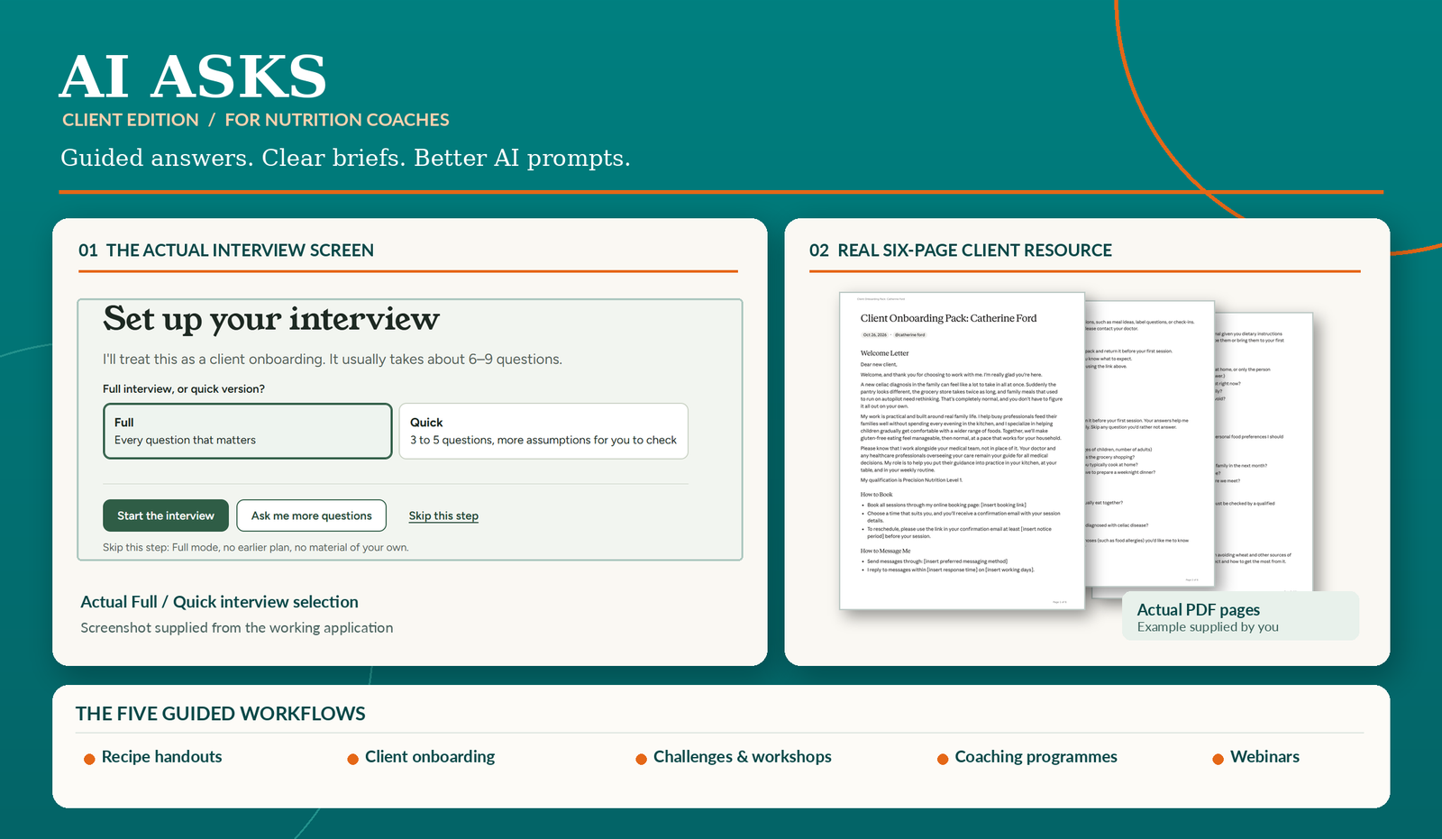 AI ASKS Client Edition actual interview screen, sample six-page client resource and five guided workflows.